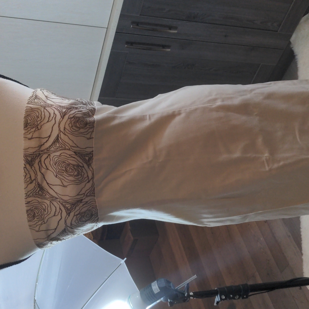 Cream strapless sheath dress with brown detail